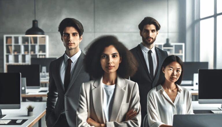 Retrato de cuatro jóvenes emprendedores en una sala de trabajo con computadoras, en un entorno moderno y tecnológico.