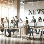 Equipo joven trabajando frente a computadoras en un espacio de coworking moderno y luminoso.