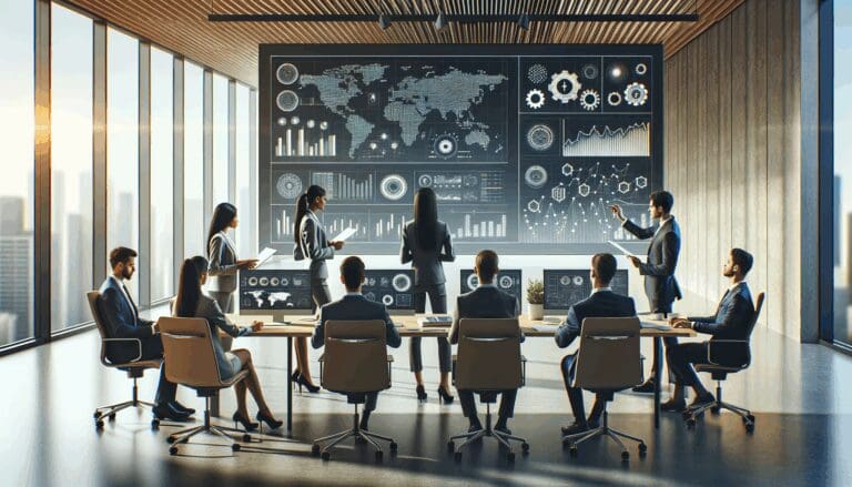 Equipo diverso de emprendedores trabajando juntos en una oficina moderna, con pantallas mostrando gráficos tecnológicos.