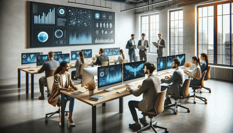 Emprendedores trabajando en computadoras en un espacio de coworking moderno, con pantallas mostrando gráficos y tecnología.