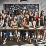 Fotografía de un grupo diverso de emprendedoras colaborando en un espacio de trabajo moderno con pizarras y herramientas tecnológicas.