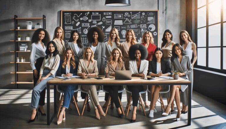 Fotografía de un grupo diverso de emprendedoras colaborando en un espacio de trabajo moderno con pizarras y herramientas tecnológicas.