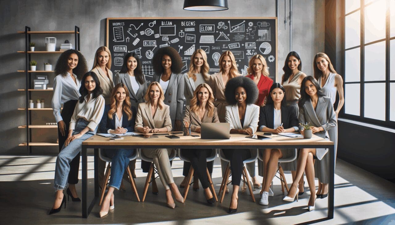 Fotografía de un grupo diverso de emprendedoras colaborando en un espacio de trabajo moderno con pizarras y herramientas tecnológicas.