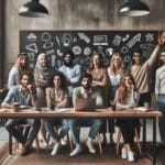 Equipo diverso en una sala moderna de coworking compartiendo ideas frente a pizarras y laptops.