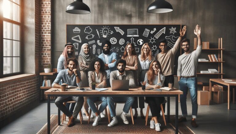Equipo diverso en una sala moderna de coworking compartiendo ideas frente a pizarras y laptops.