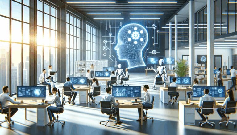Ilustración de oficinas tecnológicas modernas con equipos de trabajo colaborando en inteligencia artificial.