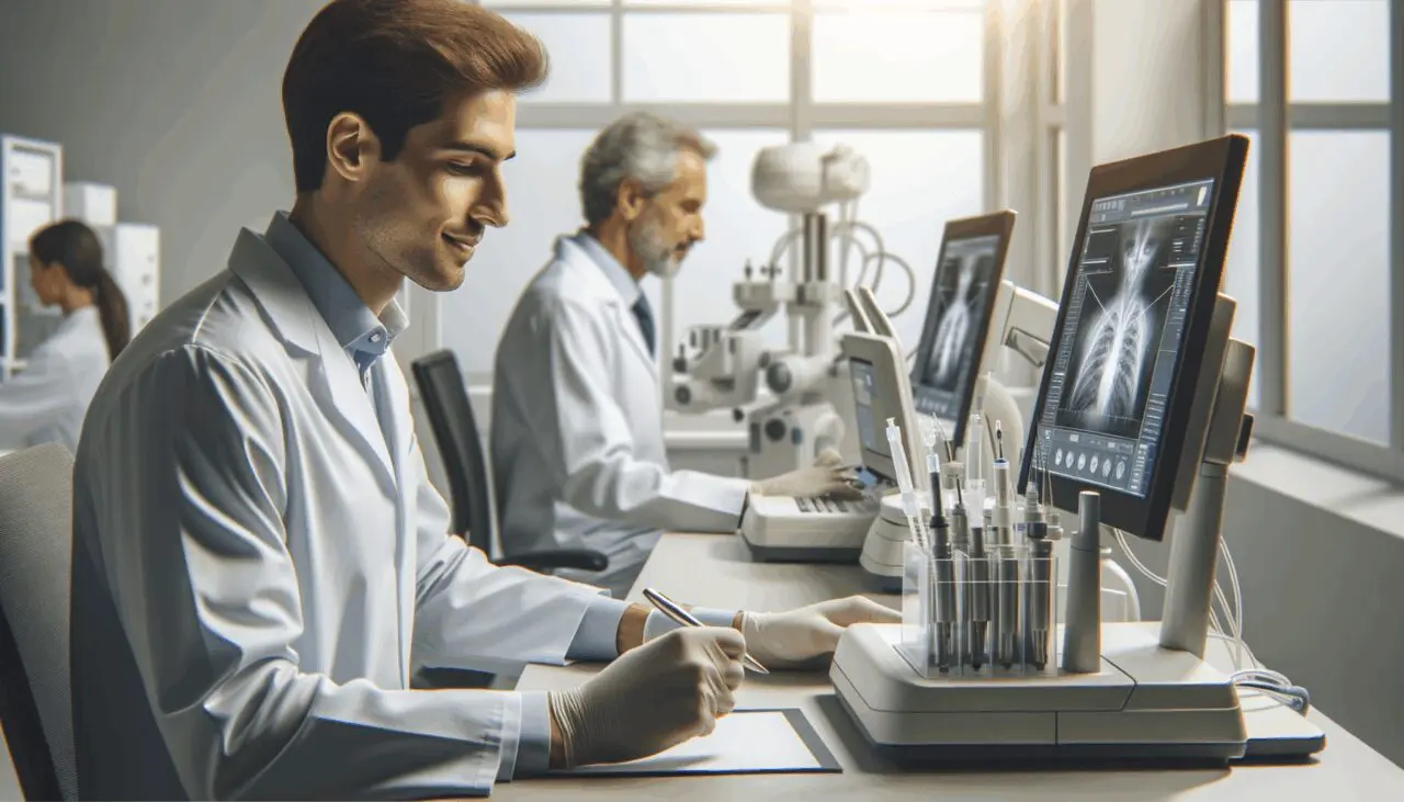 Primer plano de profesionales trabajando en un laboratorio tecnológico de salud con dispositivos médicos avanzados.