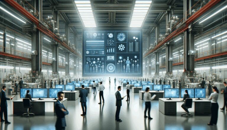 Fábrica tecnológica moderna vista desde el interior, personas trabajando entre maquinaria avanzada y pantallas luminosas.