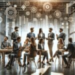 Reunión de emprendedores discutiendo innovaciones tecnológicas en un espacio moderno.