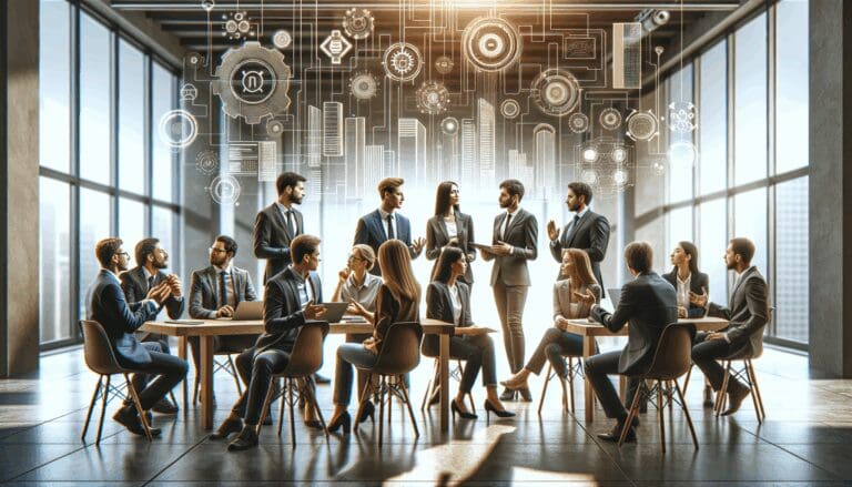 Reunión de emprendedores discutiendo innovaciones tecnológicas en un espacio moderno.