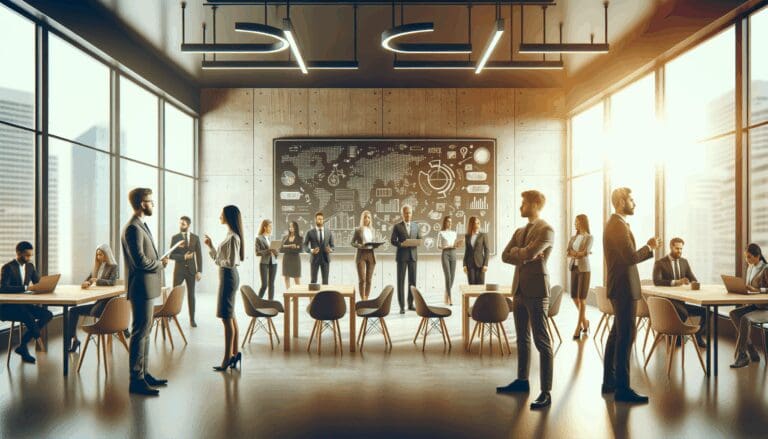 Emprendedores colaborando en un espacio de coworking moderno con pizarras digitales.