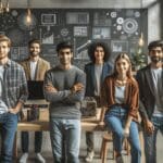 Grupo diverso de jóvenes emprendedores frente a pizarras y prototipos tecnológicos en un espacio moderno.