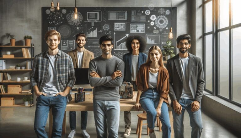Grupo diverso de jóvenes emprendedores frente a pizarras y prototipos tecnológicos en un espacio moderno.