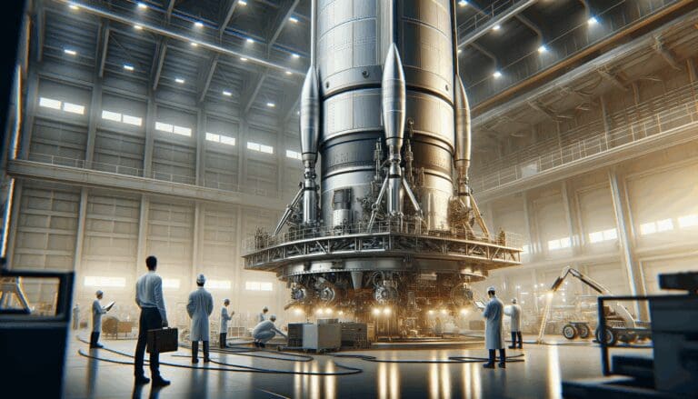 Primer plano de un cohete en proceso de ensamblaje en un hangar moderno, con ingenieros trabajando.