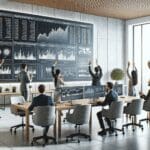 Oficina contemporánea de una startup tecnológica con personas colaborando y pantallas de datos financieros.