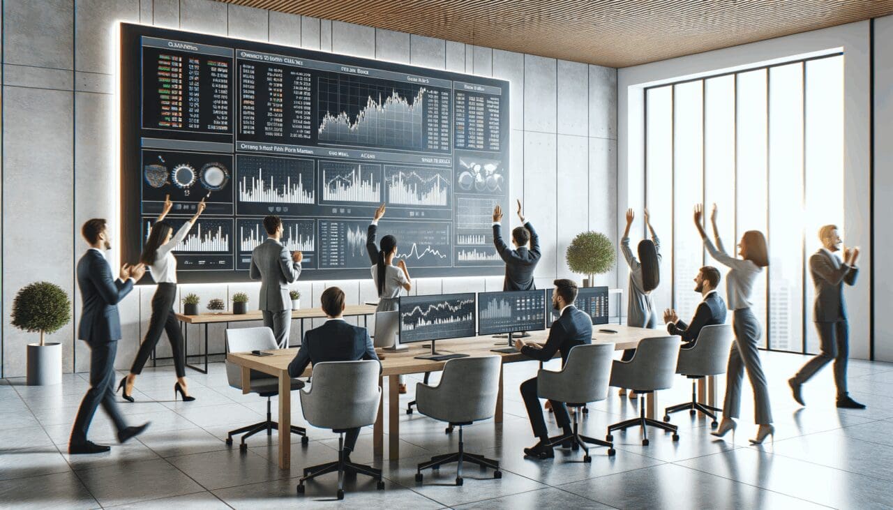 Oficina contemporánea de una startup tecnológica con personas colaborando y pantallas de datos financieros.