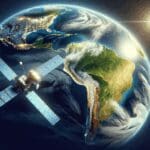 Representación digital de un satélite sobrevolando Sudamérica con paisajes naturales y datos visualizados.