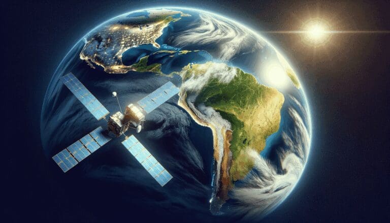 Representación digital de un satélite sobrevolando Sudamérica con paisajes naturales y datos visualizados.