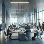 Oficinas tecnológicas modernas con emprendedores colaborando en un espacio abierto, luz natural y laptops.