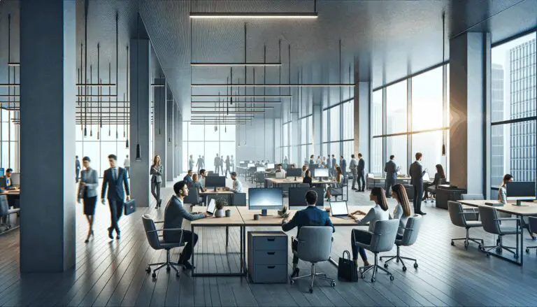 Oficinas tecnológicas modernas con emprendedores colaborando en un espacio abierto, luz natural y laptops.