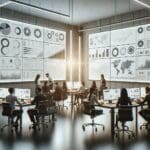 Mesa de trabajo colaborativo en una oficina moderna, pantallas mostrando gráficos y equipo desarrollando ideas.