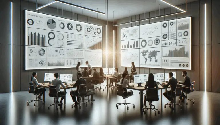 Mesa de trabajo colaborativo en una oficina moderna, pantallas mostrando gráficos y equipo desarrollando ideas.