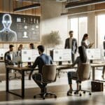 Oficina moderna con equipo de desarrolladores trabajando en inteligencia artificial