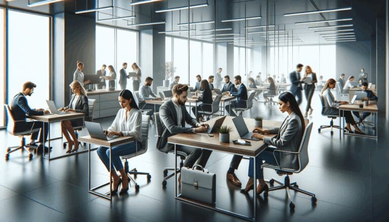 Oficinas modernas con equipo de emprendedores trabajando juntos en computadoras portátiles.