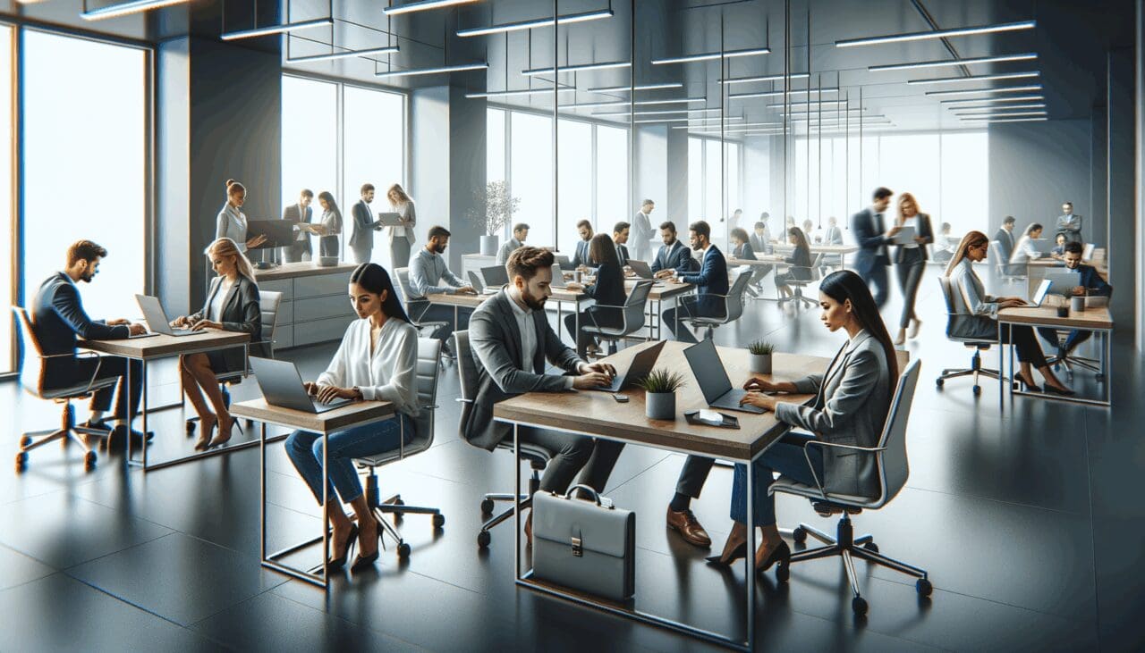 Oficinas modernas con equipo de emprendedores trabajando juntos en computadoras portátiles.