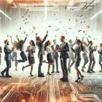 Equipo diverso celebrando en un moderno entorno de oficinas tecnológicas, con ambiente dinámico y tecnológico.