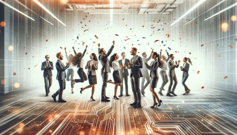 Equipo diverso celebrando en un moderno entorno de oficinas tecnológicas, con ambiente dinámico y tecnológico.