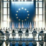 Reunión de líderes tecnológicos en una sala moderna con banderas de la Unión Europea al fondo.