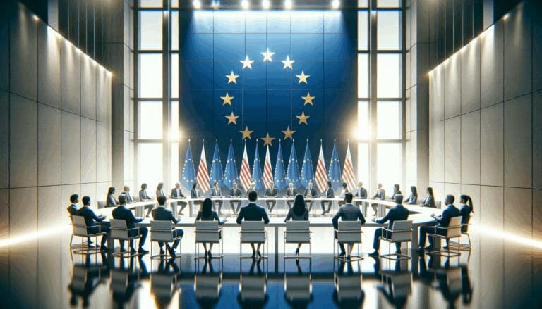 Reunión de líderes tecnológicos en una sala moderna con banderas de la Unión Europea al fondo.