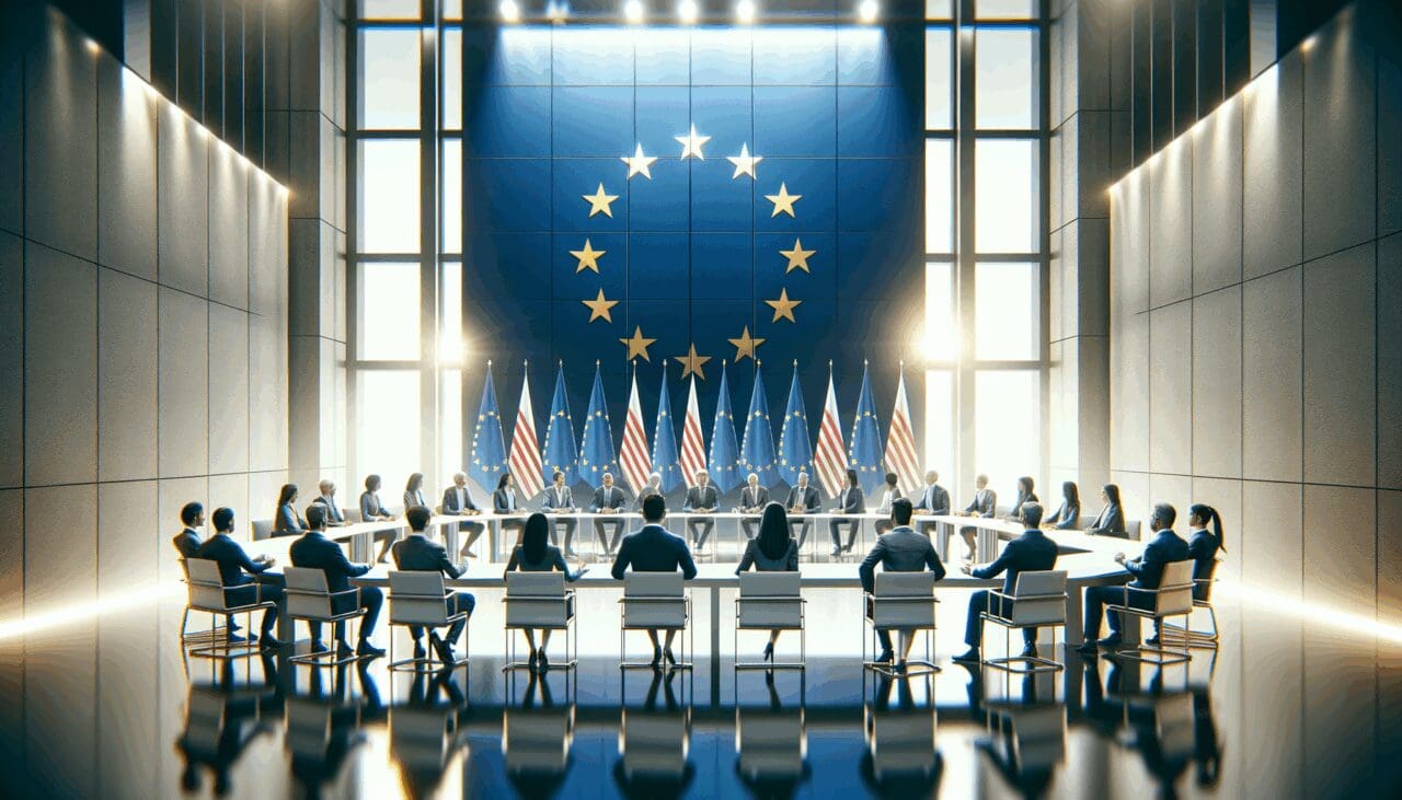 Reunión de líderes tecnológicos en una sala moderna con banderas de la Unión Europea al fondo.