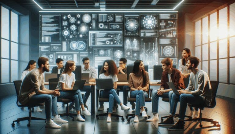 Equipo joven de desarrolladores conversando frente a laptops y pantallas con gráficas tecnológicas, en un ambiente colaborativo moderno.