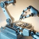 Brazo robótico manipulando componentes electrónicos en un entorno futurista y minimalista.