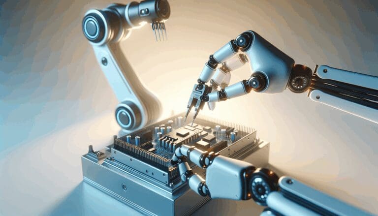 Brazo robótico manipulando componentes electrónicos en un entorno futurista y minimalista.