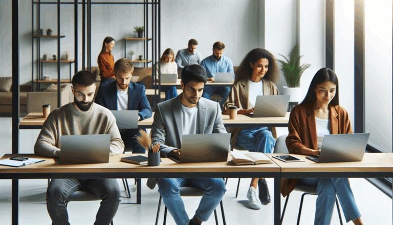 Oficinas modernas con emprendedores trabajando en laptops en un espacio de coworking