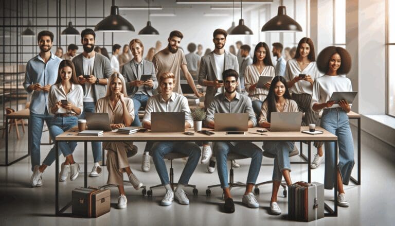 Jóvenes empresarios colaborando en un espacio de coworking moderno con tecnología visible.