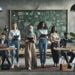 Grupo diverso de jóvenes profesionales colaborando en una oficina moderna, rodeados de plantas y pizarras llenas de ideas.