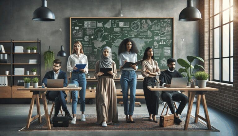 Grupo diverso de jóvenes profesionales colaborando en una oficina moderna, rodeados de plantas y pizarras llenas de ideas.