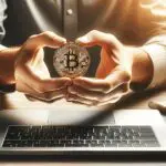 Manos sosteniendo una moneda de bitcoin sobre una laptop en una oficina moderna, luz natural.