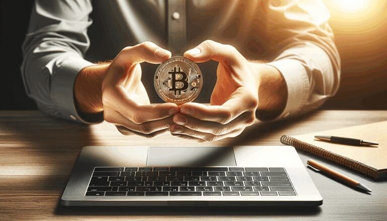 Manos sosteniendo una moneda de bitcoin sobre una laptop en una oficina moderna, luz natural.