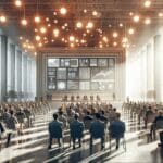 Personas reunidas en un moderno centro de innovación con luz natural y pantallas digitales.