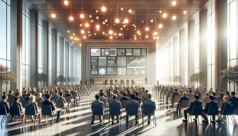 Personas reunidas en un moderno centro de innovación con luz natural y pantallas digitales.