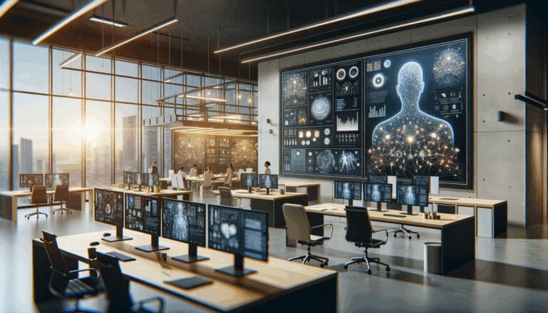 Oficina moderna con equipos tecnológicos y pantallas mostrando gráficos e inteligencia artificial, ambiente profesional y colaborativo.