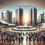 Foto panorámica de Porto Alegre con emprendedores reunidos en un centro de convenciones moderno.