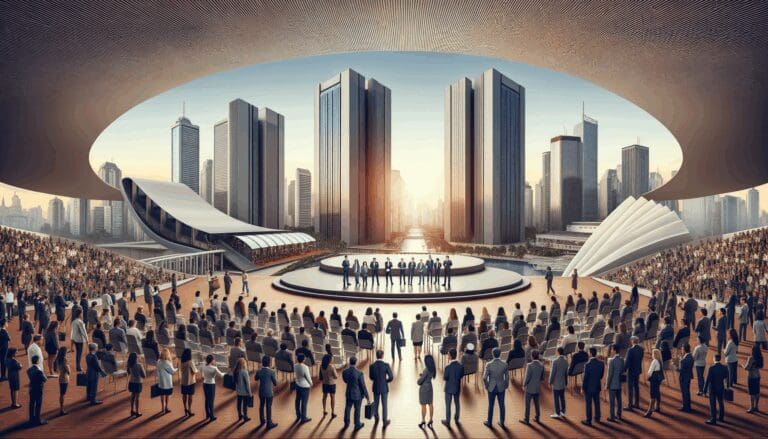 Foto panorámica de Porto Alegre con emprendedores reunidos en un centro de convenciones moderno.