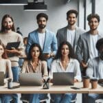 Grupo diverso de jóvenes emprendedores reunidos en espacio de coworking, laptops sobre mesas, ambiente colaborativo.