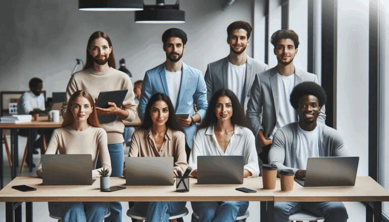 Grupo diverso de jóvenes emprendedores reunidos en espacio de coworking, laptops sobre mesas, ambiente colaborativo.